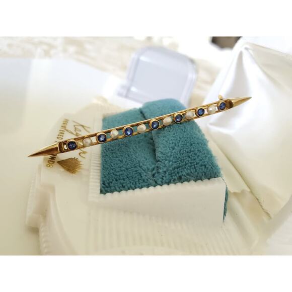 Antique Sapphire and Seeded Pearl Bar Pin 10K Solid Gold - Picture 1 of 7